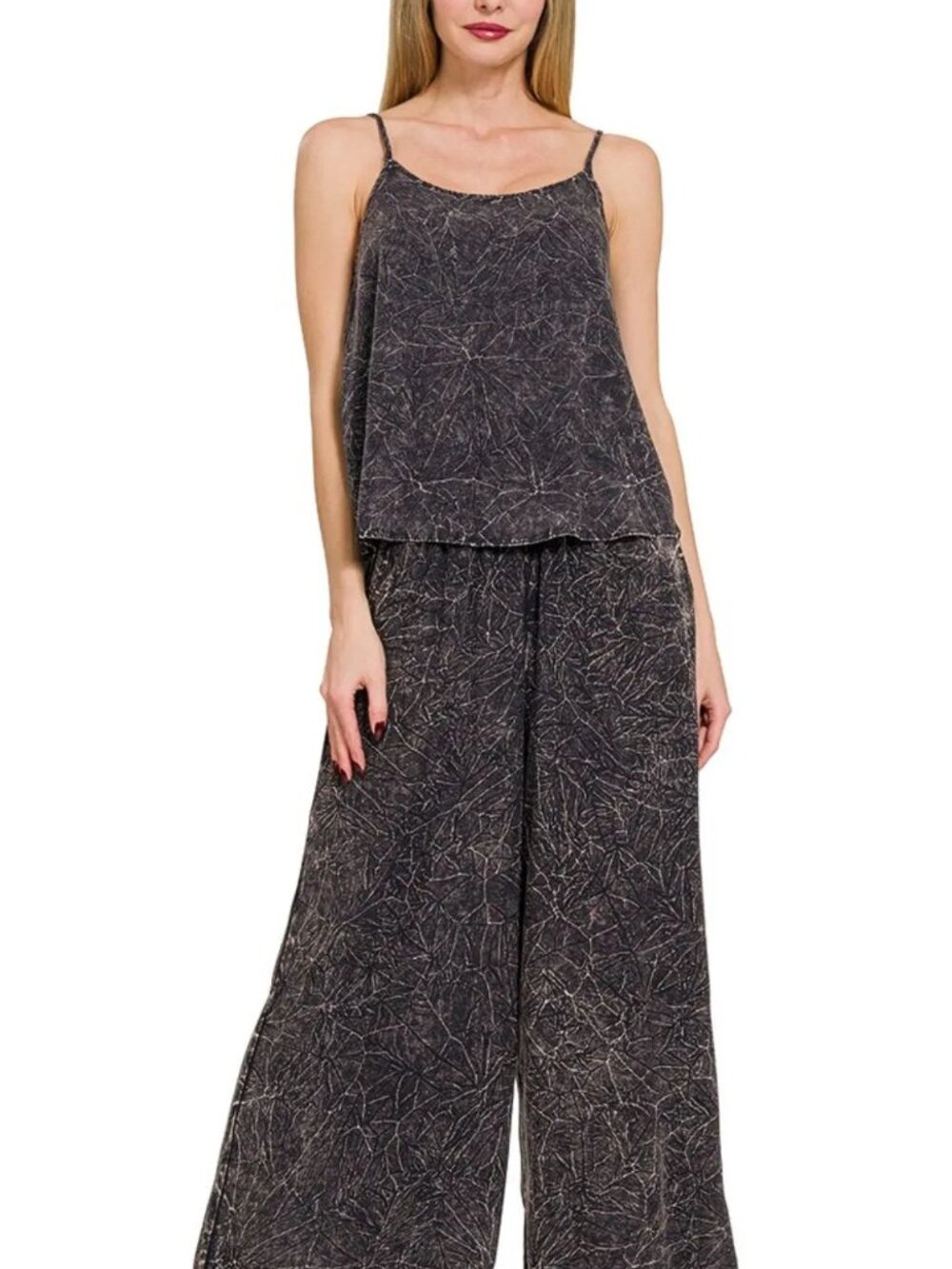 Zenana Woven Acid Crinkle Washed Cami & Pants 2 Piece Set Size Small